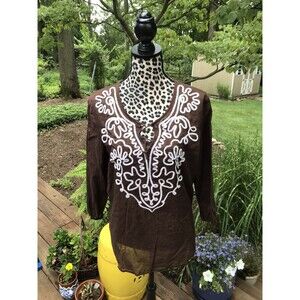 New York Jones Top Womens Sz Large L Brown Embroidery Tie Neck Long Sleeve EUC